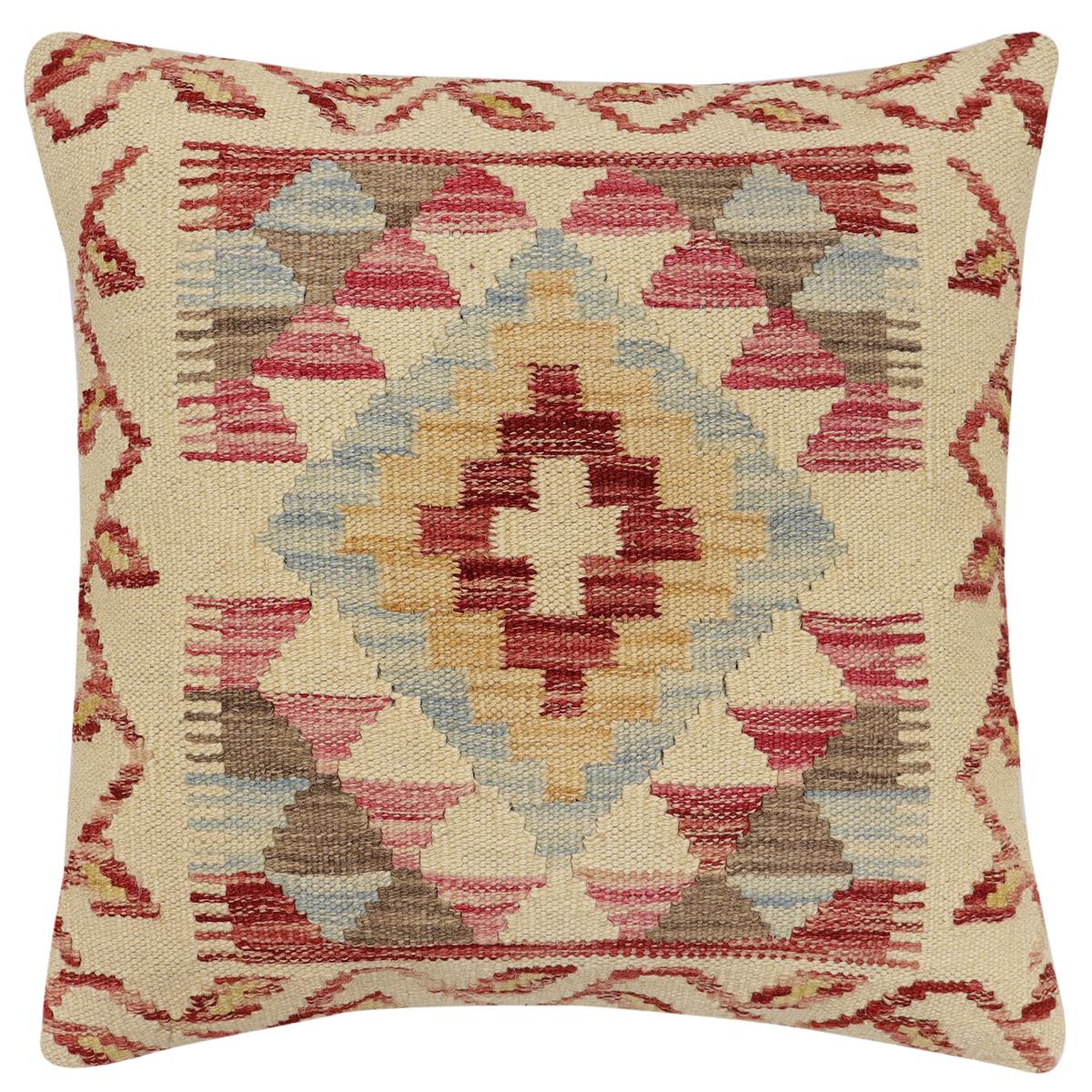 handmade Traditional Pillow Beige Red Hand-Woven SQUARE 100% WOOL Hand woven turkish pillow2' x 2'