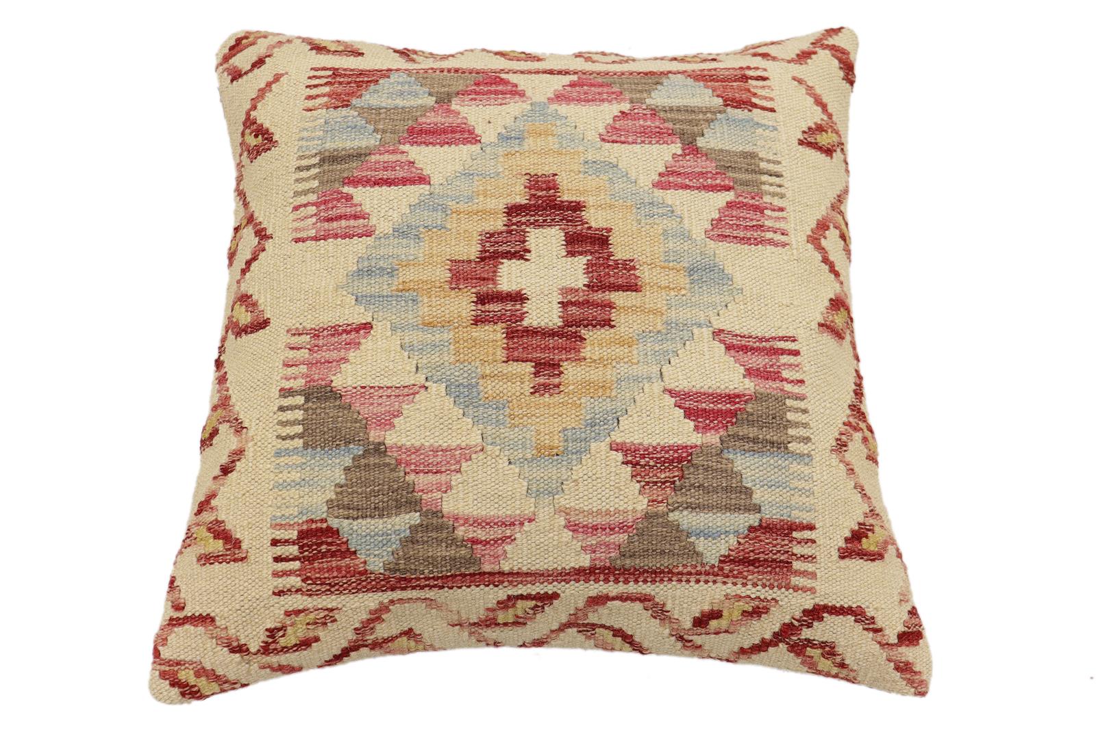 handmade Traditional Pillow Beige Red Hand-Woven SQUARE 100% WOOL Hand woven turkish pillow2' x 2'