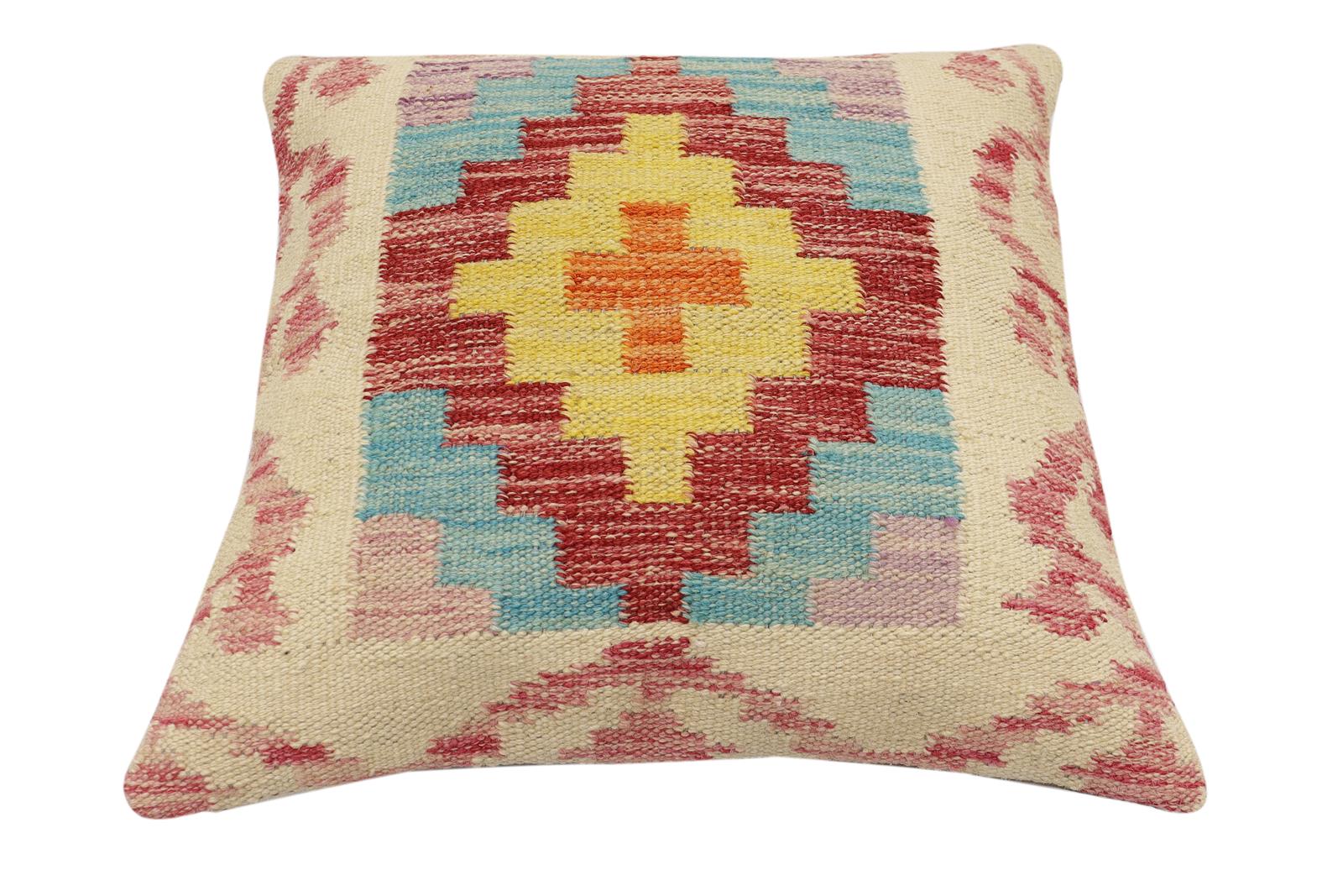 handmade Traditional Pillow Beige Red Hand-Woven SQUARE 100% WOOL Hand woven turkish pillow2' x 2'