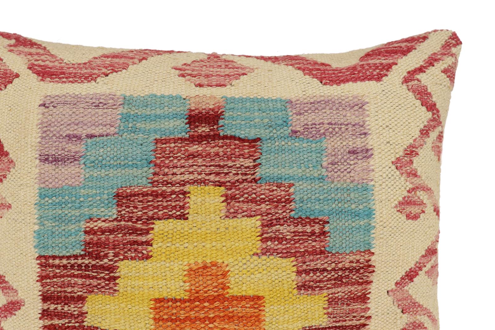 handmade Traditional Pillow Beige Red Hand-Woven SQUARE 100% WOOL Hand woven turkish pillow2' x 2'
