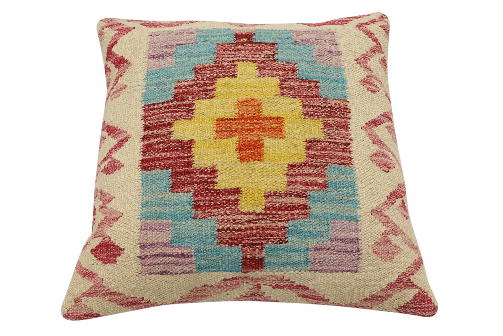 handmade Traditional Pillow Beige Red Hand-Woven SQUARE 100% WOOL Hand woven turkish pillow2' x 2'