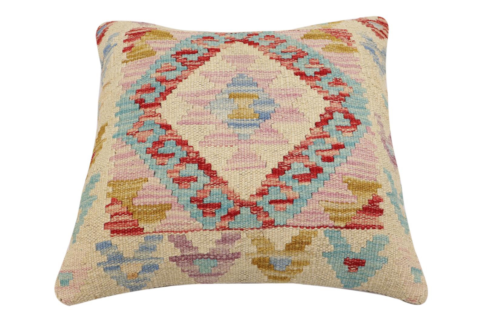handmade Traditional Pillow Beige Red Hand-Woven SQUARE 100% WOOL Hand woven turkish pillow2' x 2'