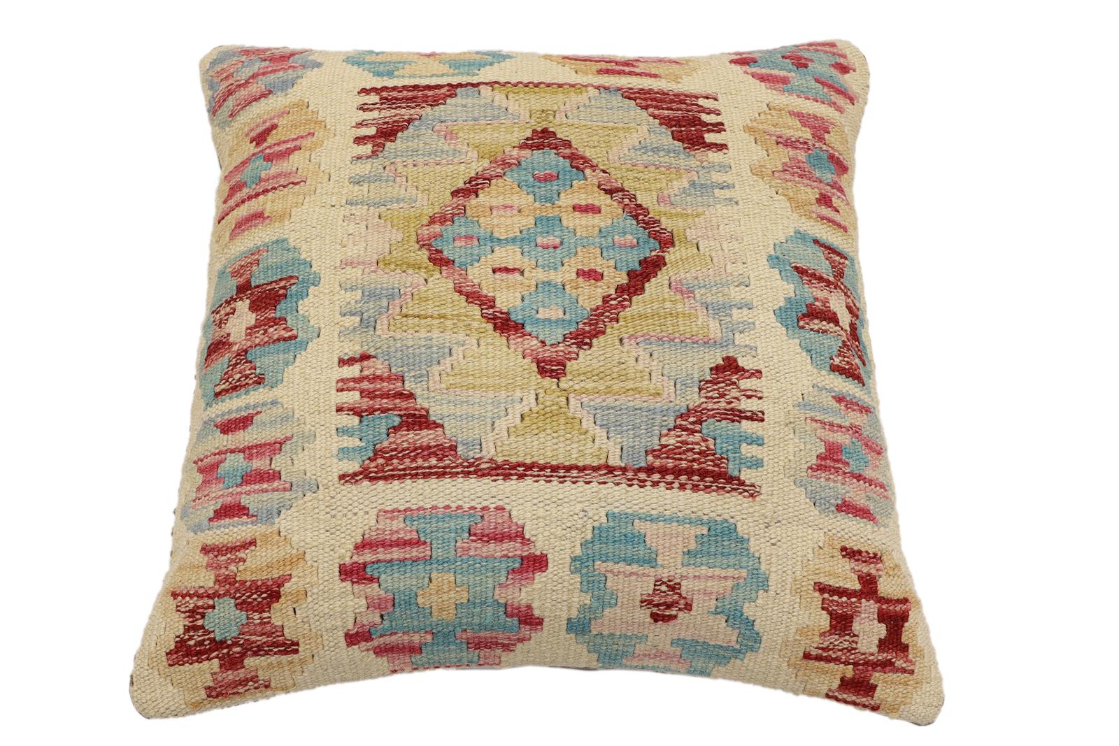 handmade Traditional Pillow Beige Red Hand-Woven SQUARE 100% WOOL Hand woven turkish pillow2' x 2'