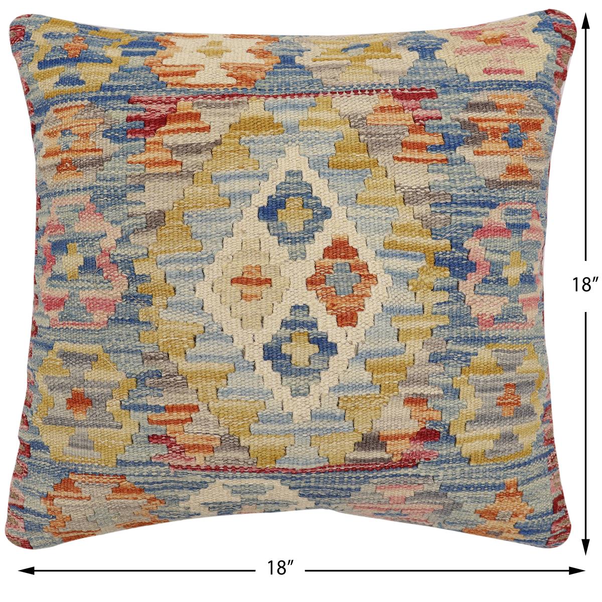 handmade Traditional Pillow Blue Rust Hand-Woven SQUARE 100% WOOL Hand woven turkish pillow2' x 2'