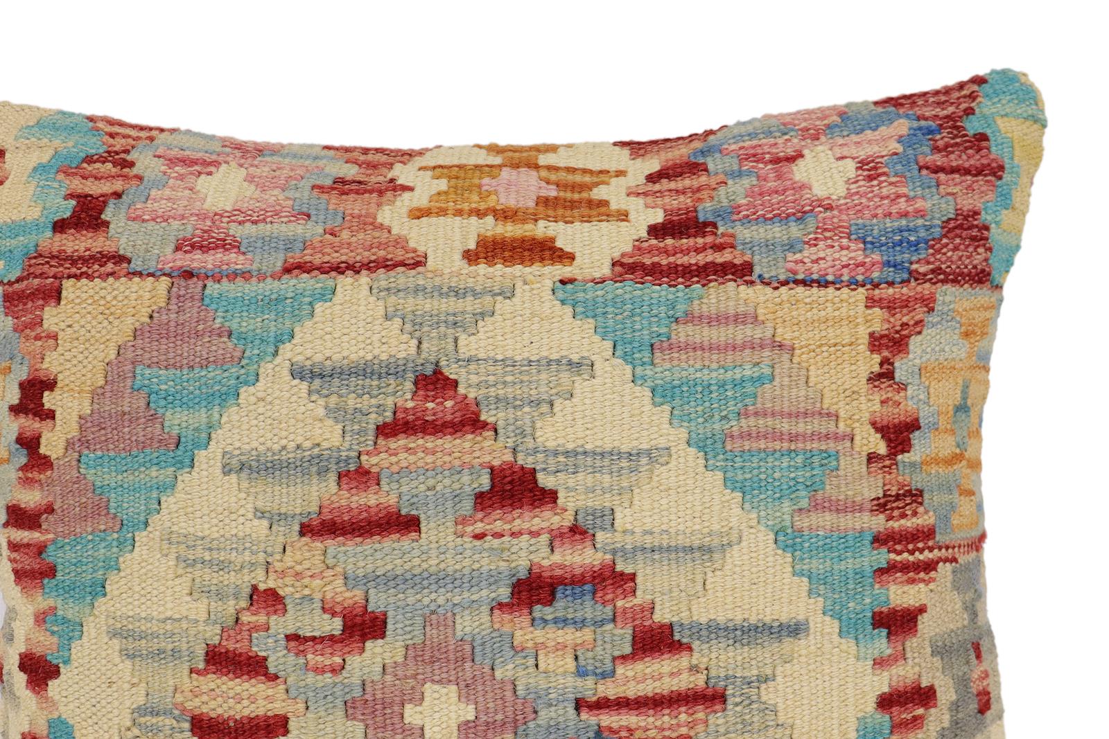 handmade Traditional Pillow Rust Blue Hand-Woven SQUARE 100% WOOL Hand woven turkish pillow2' x 2'