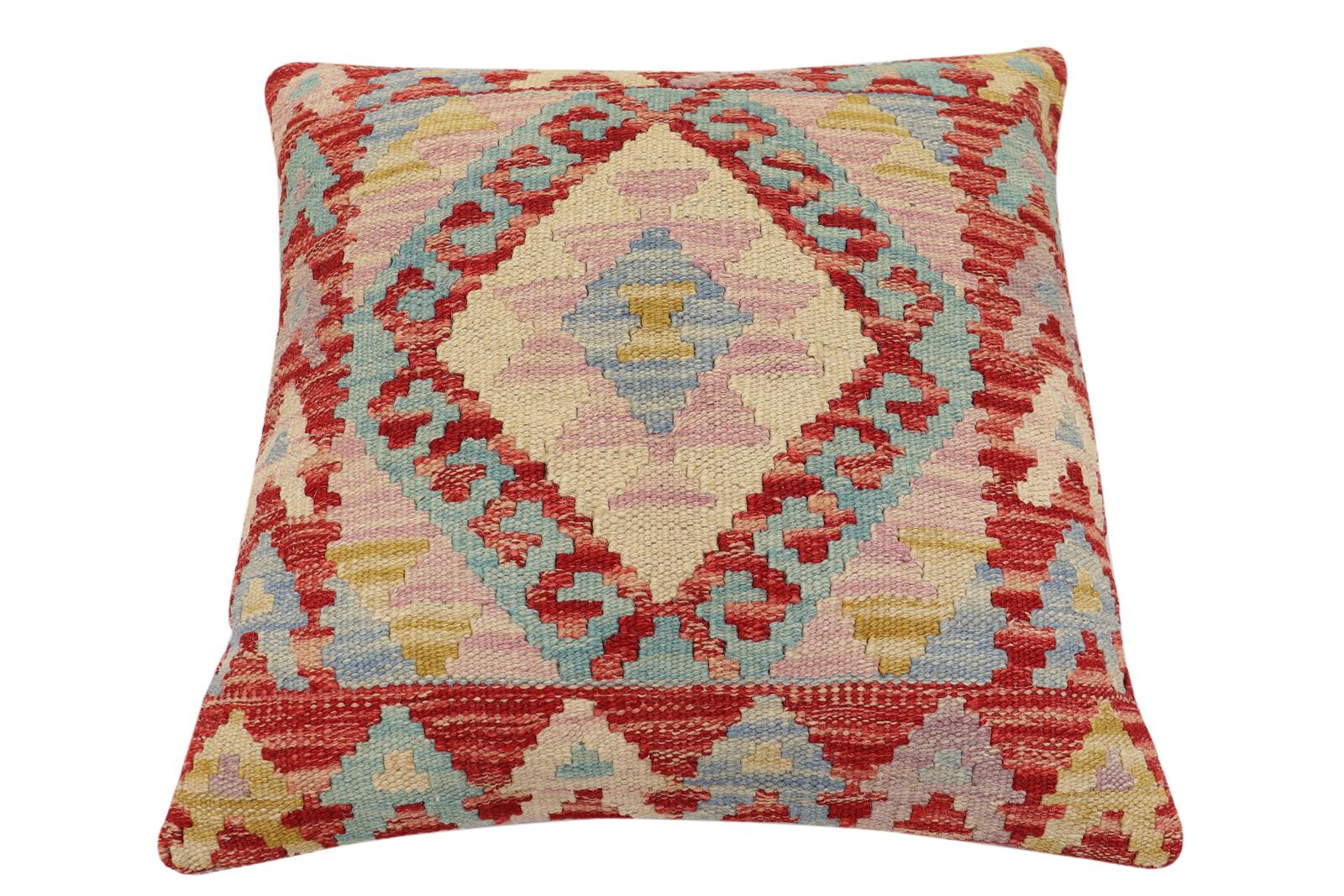 handmade Traditional Pillow Rust Blue Hand-Woven SQUARE 100% WOOL Hand woven turkish pillow2' x 2'