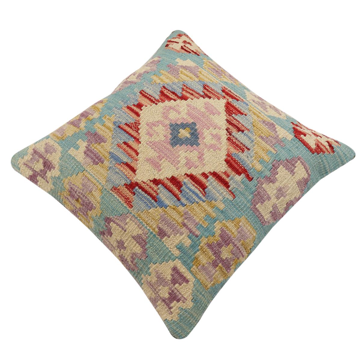 handmade Traditional Pillow Rust Blue Hand-Woven SQUARE 100% WOOL Hand woven turkish pillow2' x 2'