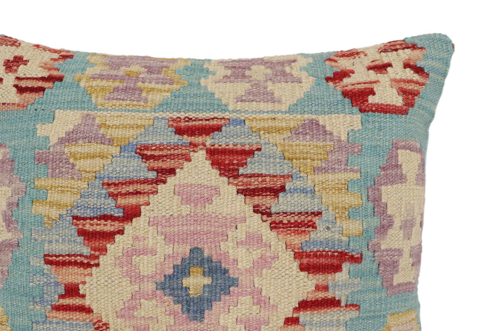 handmade Traditional Pillow Rust Blue Hand-Woven SQUARE 100% WOOL Hand woven turkish pillow2' x 2'