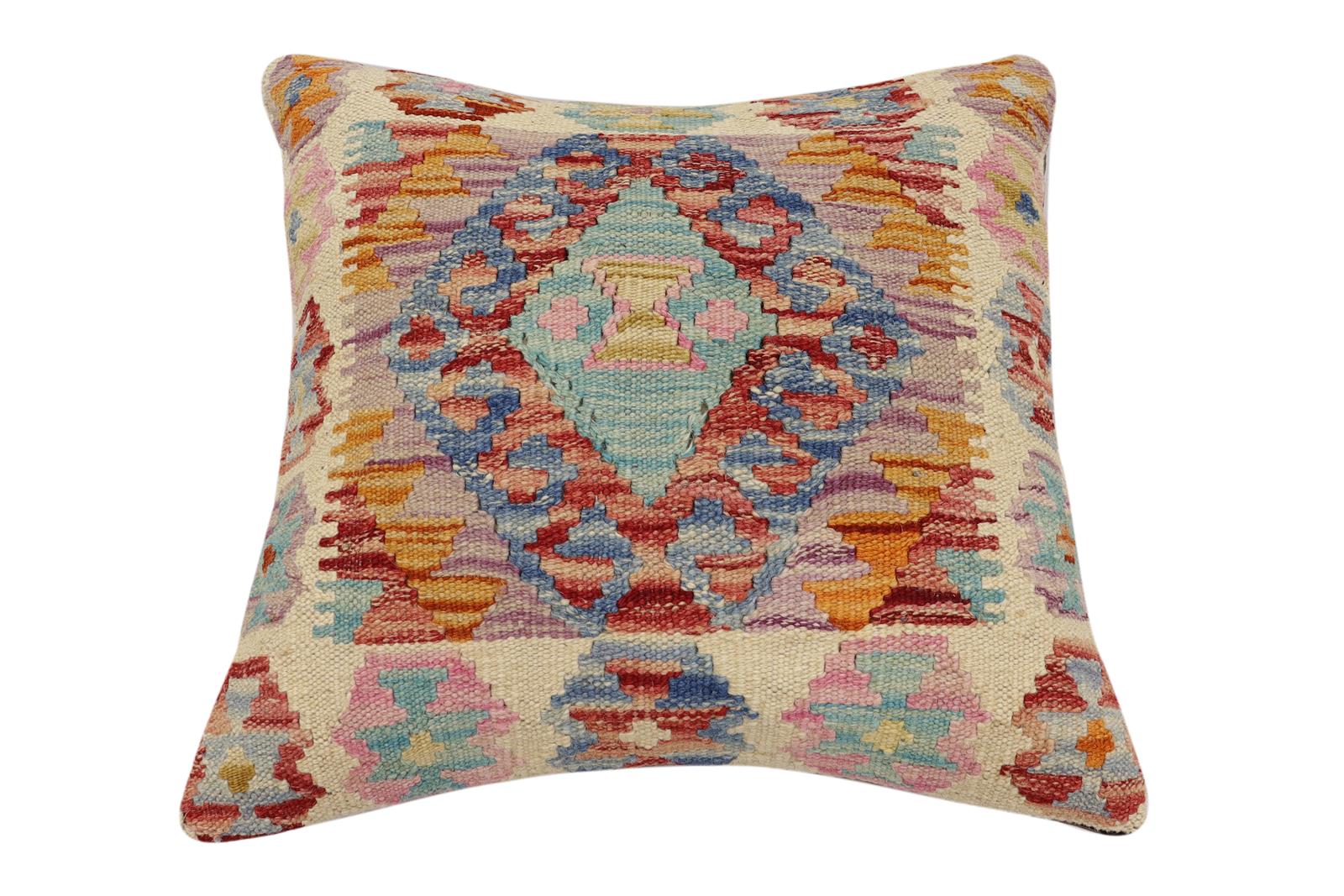 handmade Traditional Pillow Rust Blue Hand-Woven SQUARE 100% WOOL  Hand woven turkish pillow  2 x 2