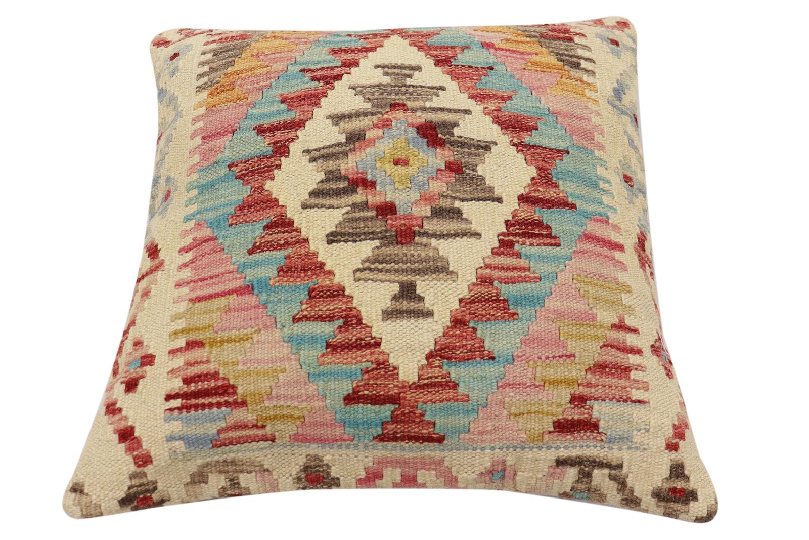 handmade Traditional Pillow Rust Blue Hand-Woven SQUARE 100% WOOL  Hand woven turkish pillow  2 x 2