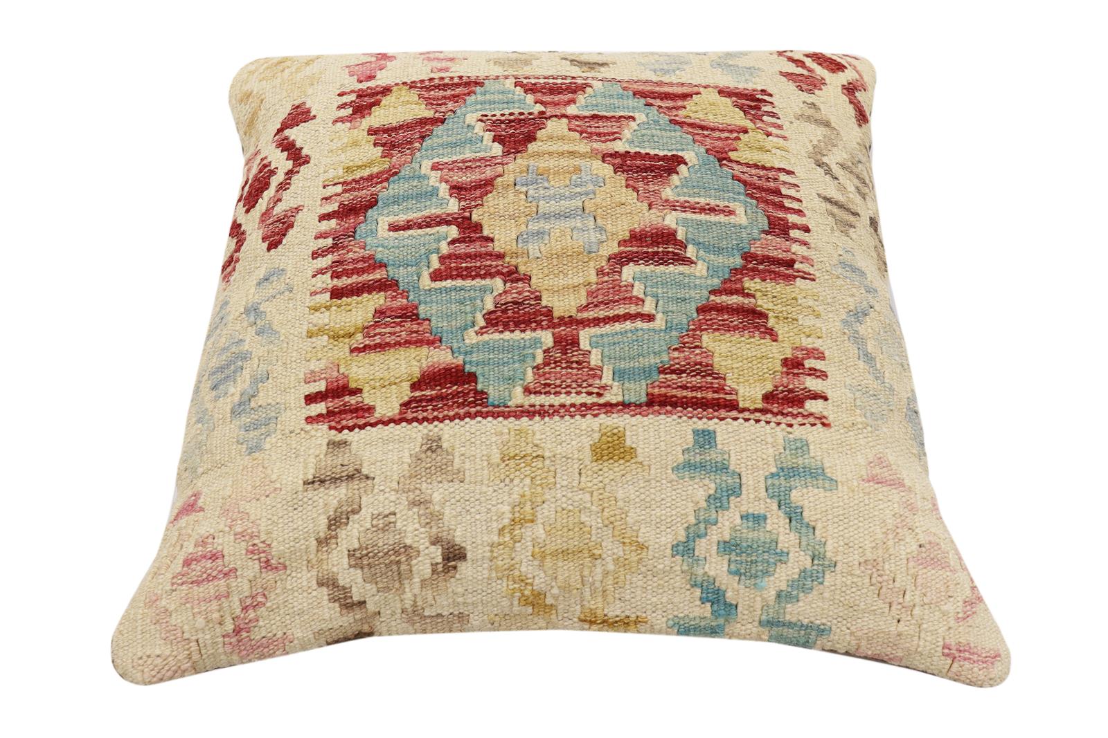 handmade Traditional Pillow Red Blue Hand-Woven SQUARE 100% WOOL Hand woven turkish pillow2' x 2'