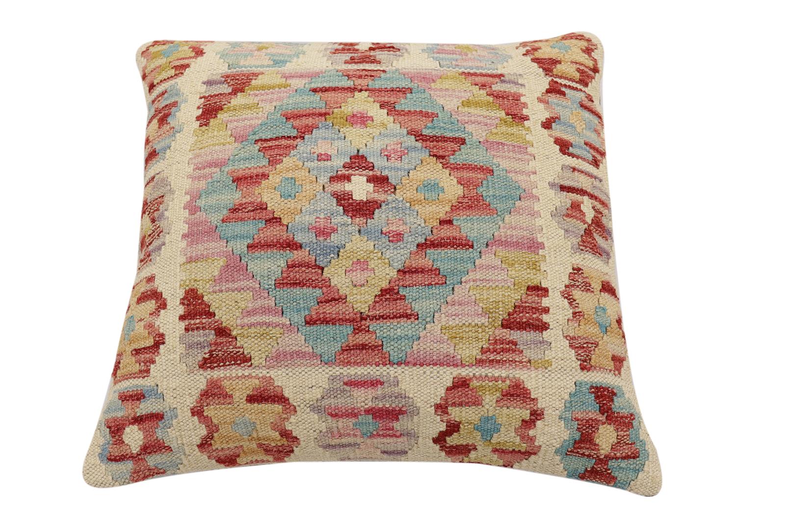 handmade Traditional Pillow Rust Blue Hand-Woven SQUARE 100% WOOL Hand woven turkish pillow2' x 2'