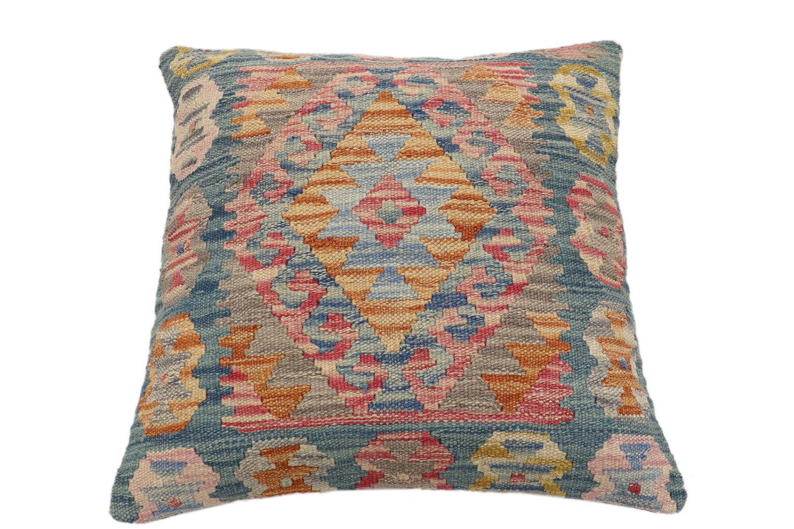 handmade Traditional Pillow Green Blue Hand-Woven SQUARE 100% WOOL Hand woven turkish pillow2' x 2'