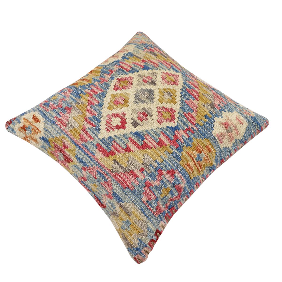 handmade Traditional Pillow Blue Beige Hand-Woven SQUARE 100% WOOL Hand woven turkish pillow2' x 2'