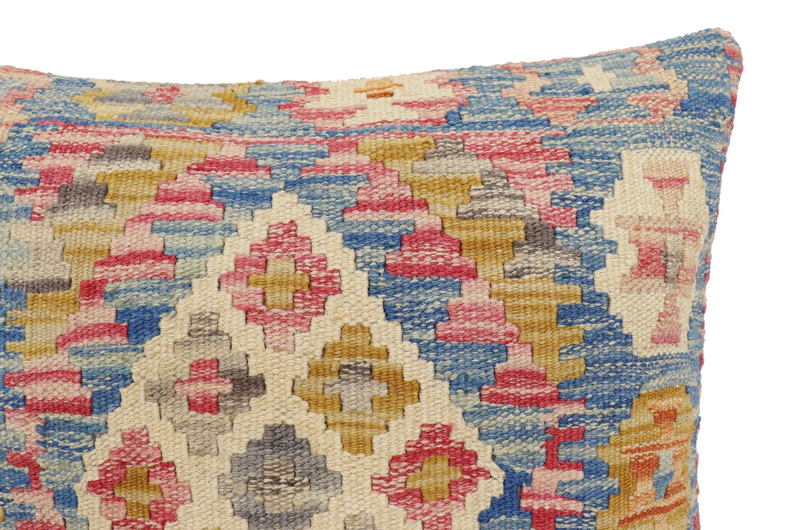 handmade Traditional Pillow Blue Beige Hand-Woven SQUARE 100% WOOL Hand woven turkish pillow2' x 2'