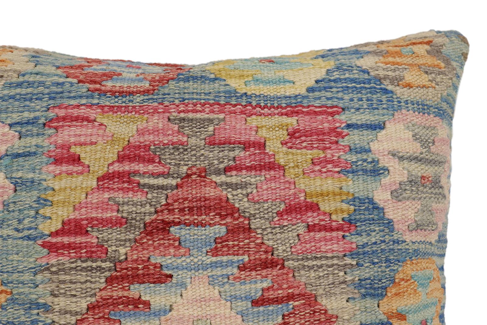 handmade Traditional Pillow Blue Beige Hand-Woven SQUARE 100% WOOL Hand woven turkish pillow2' x 2'