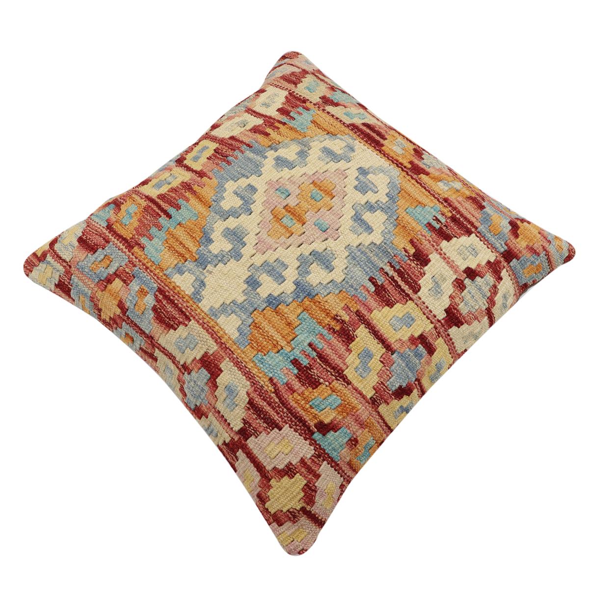 handmade Traditional Pillow Rust Blue Hand-Woven SQUARE 100% WOOL Hand woven turkish pillow2' x 2'