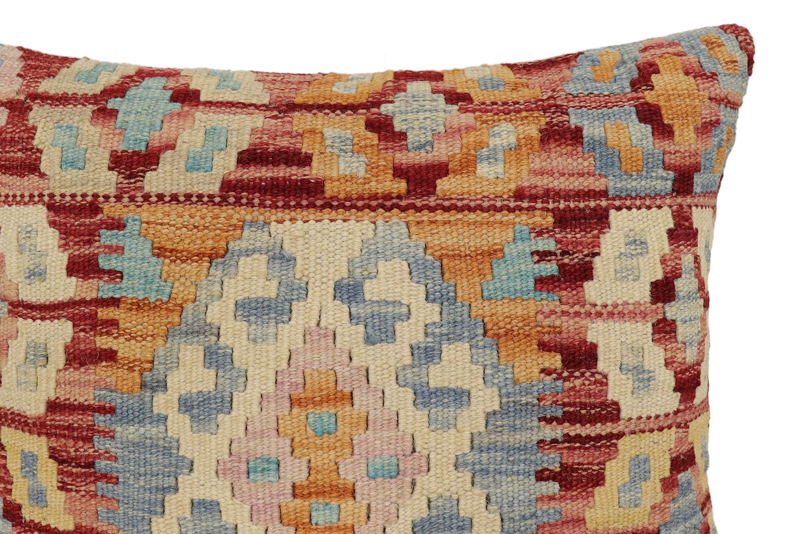 handmade Traditional Pillow Rust Blue Hand-Woven SQUARE 100% WOOL Hand woven turkish pillow2' x 2'