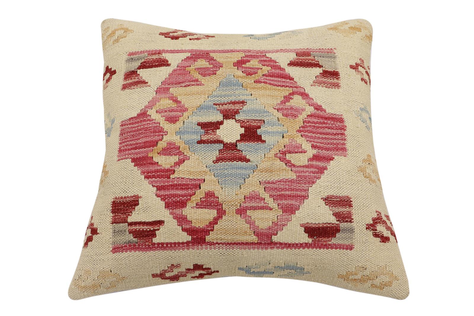 handmade Traditional Pillow Beige Pink Hand-Woven SQUARE 100% WOOL Hand woven turkish pillow2' x 2'