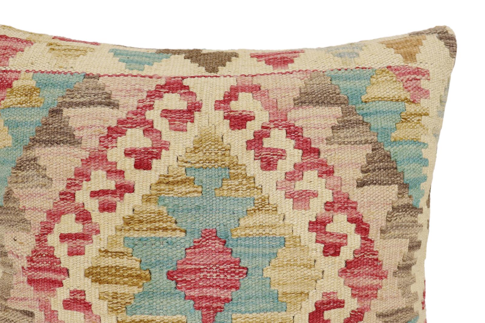 handmade Traditional Pillow Beige Blue Hand-Woven SQUARE 100% WOOL Hand woven turkish pillow2' x 2'