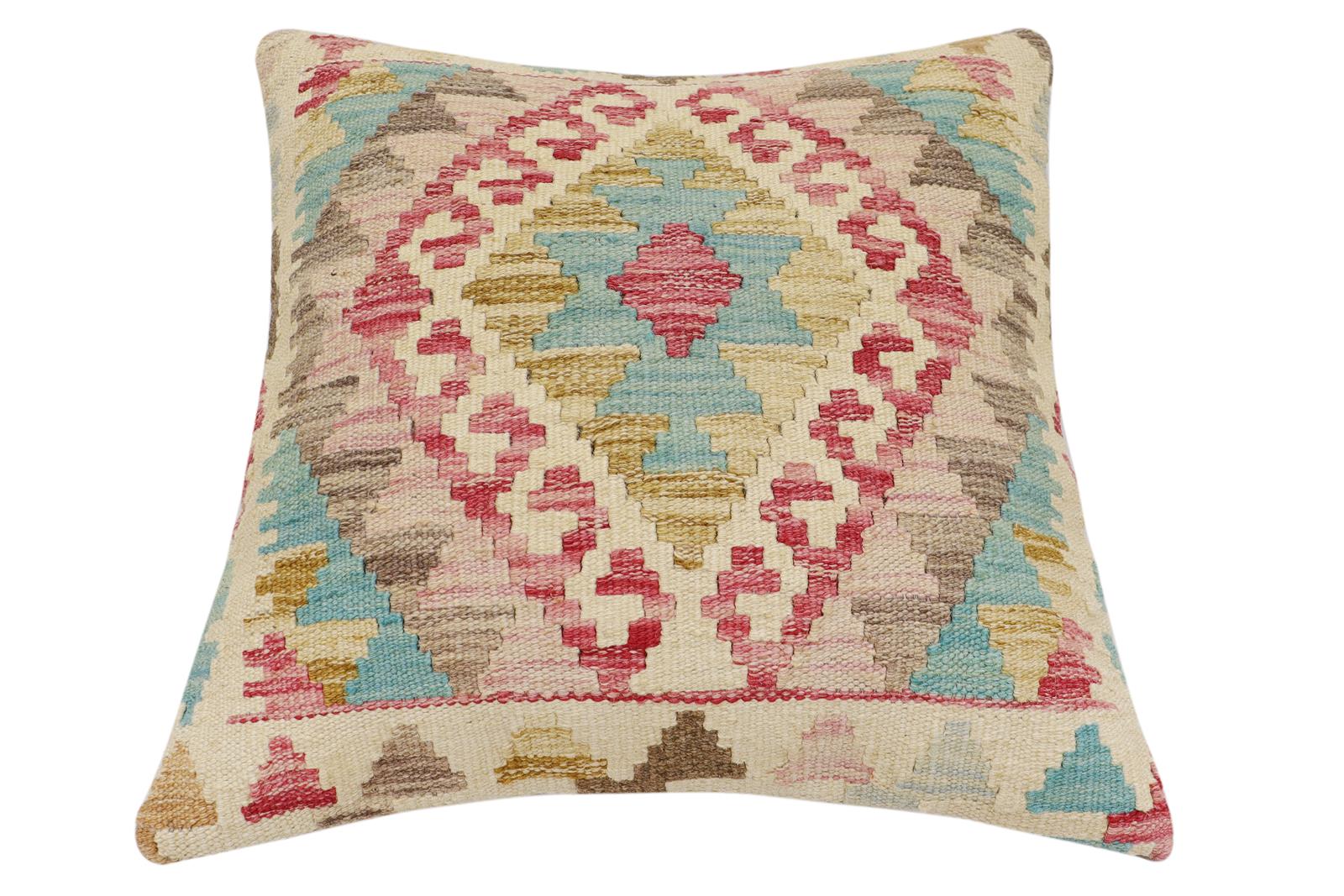 handmade Traditional Pillow Beige Blue Hand-Woven SQUARE 100% WOOL Hand woven turkish pillow2' x 2'
