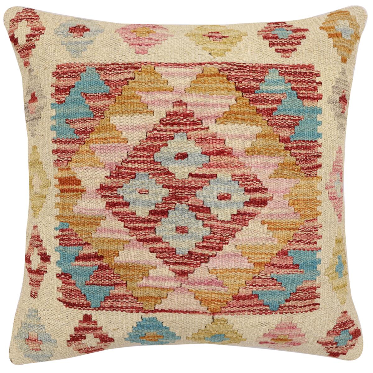handmade Traditional Pillow Beige Red Hand-Woven SQUARE 100% WOOL Hand woven turkish pillow2' x 2'