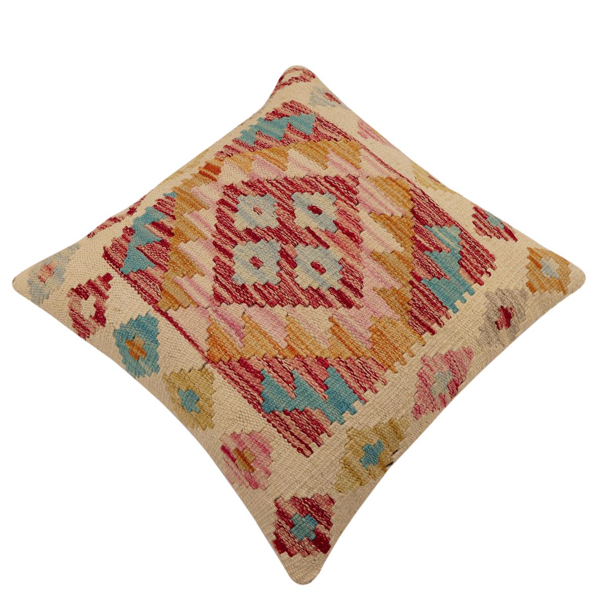 handmade Traditional Pillow Beige Red Hand-Woven SQUARE 100% WOOL Hand woven turkish pillow2' x 2'