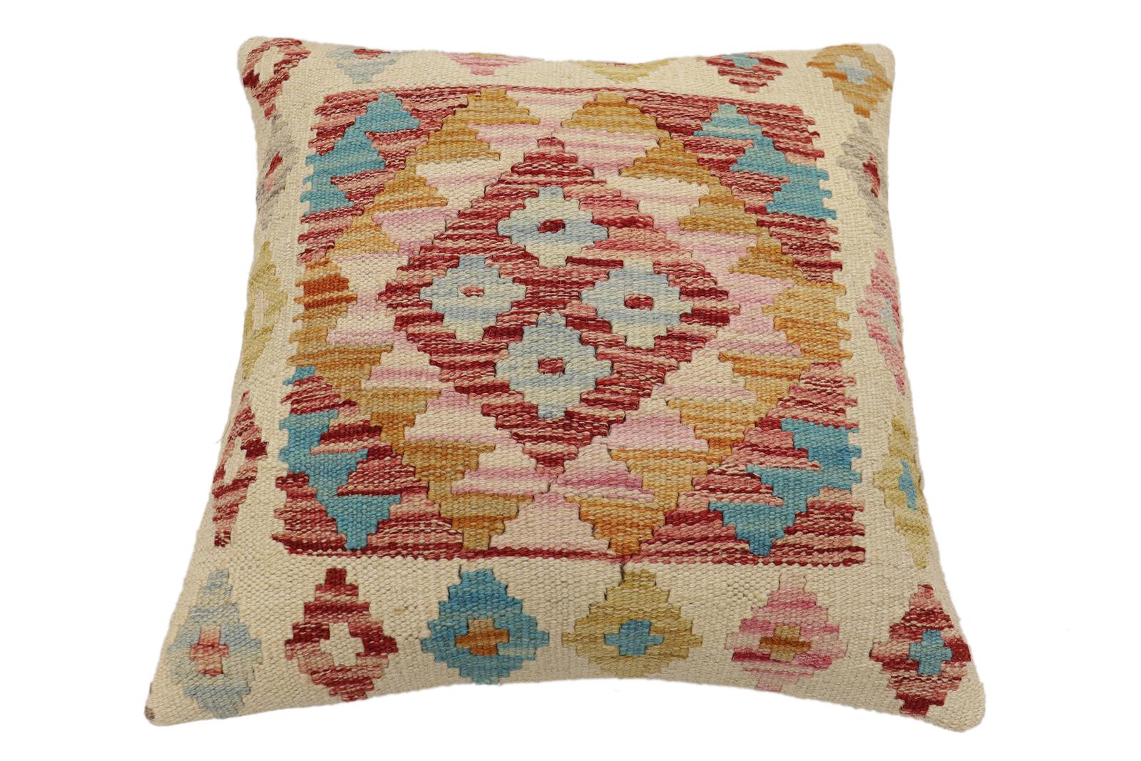 handmade Traditional Pillow Beige Red Hand-Woven SQUARE 100% WOOL Hand woven turkish pillow2' x 2'