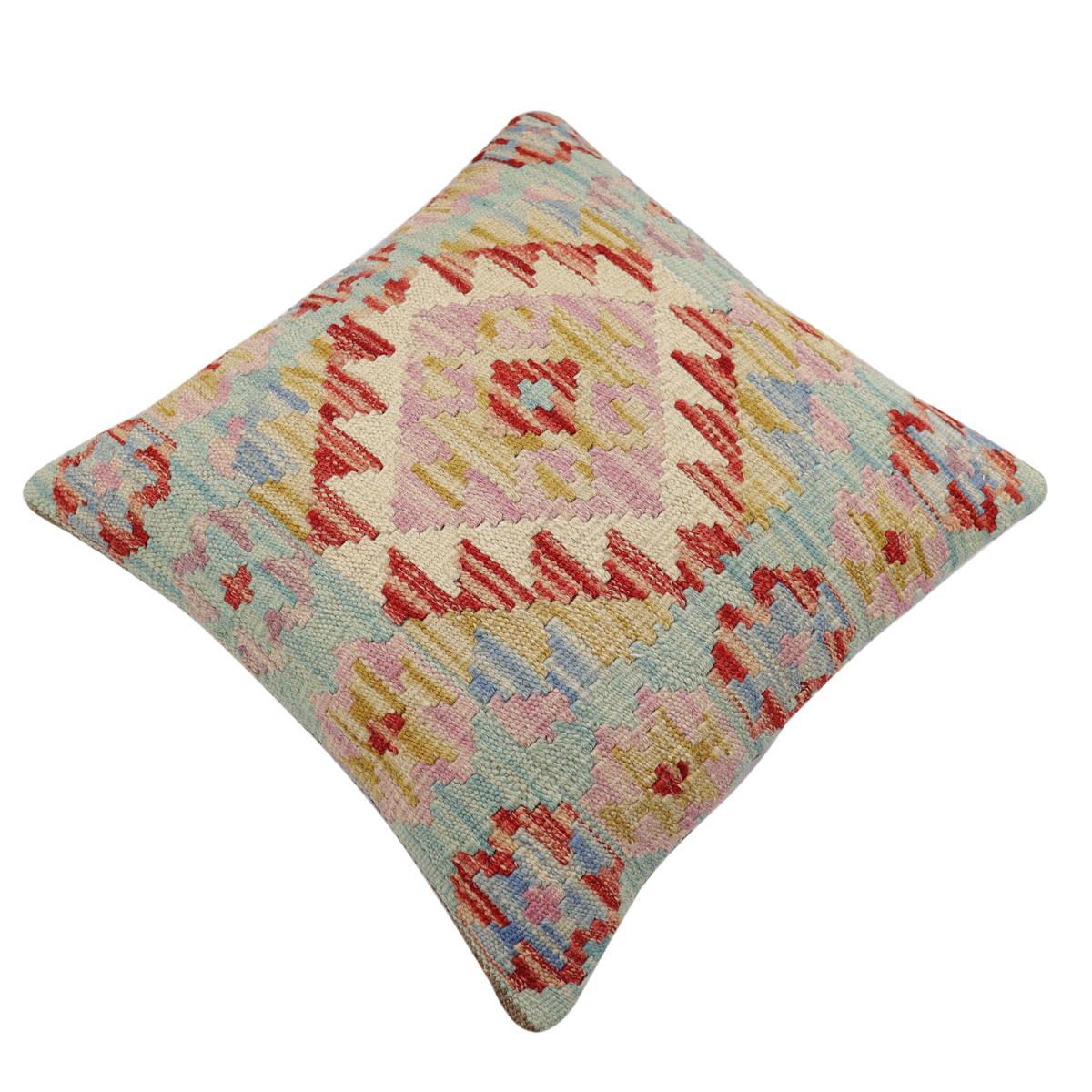 handmade Traditional Pillow Blue Rust Hand-Woven SQUARE 100% WOOL Hand woven turkish pillow2' x 2'