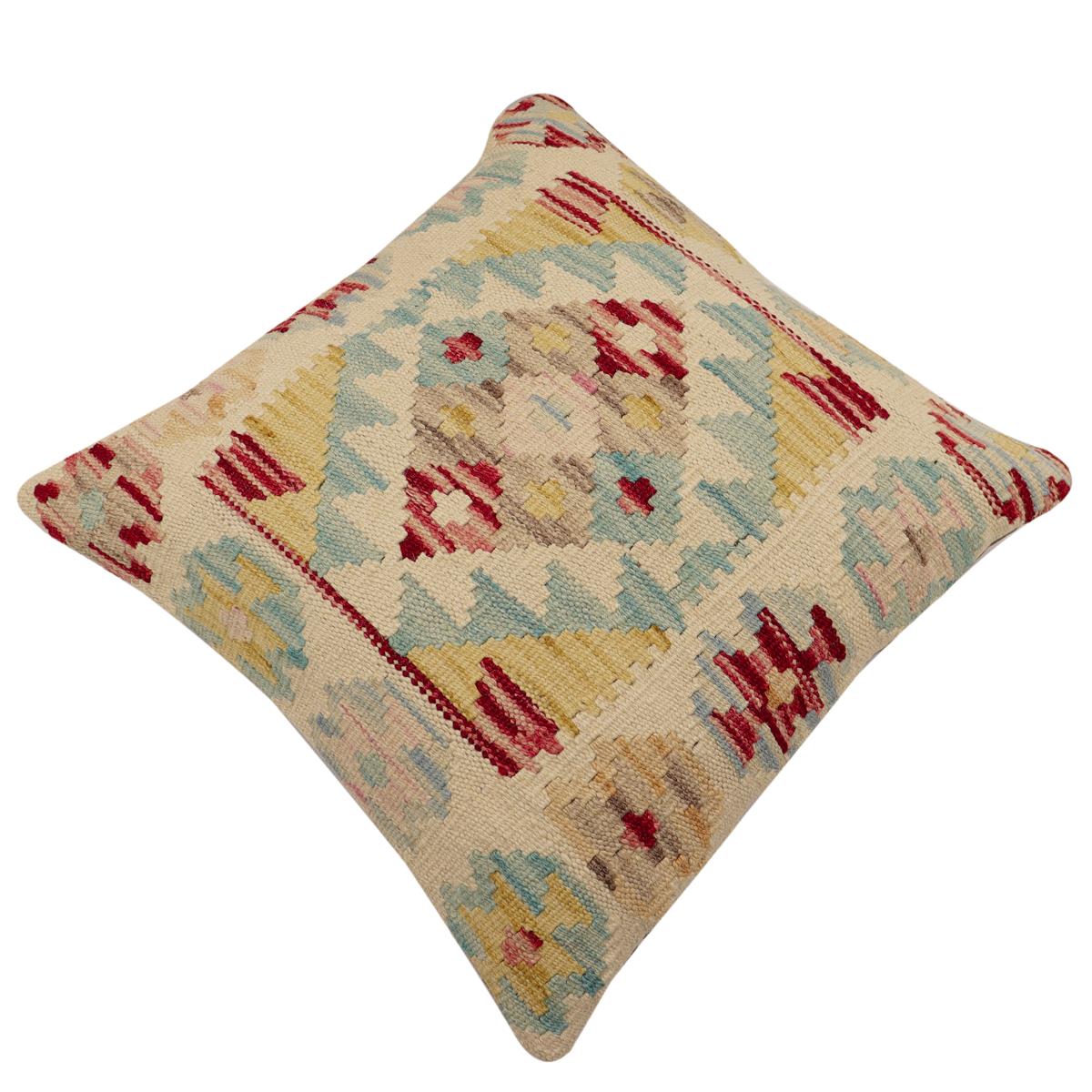 handmade Traditional Pillow Beige Blue Hand-Woven SQUARE 100% WOOL Hand woven turkish pillow2' x 2'
