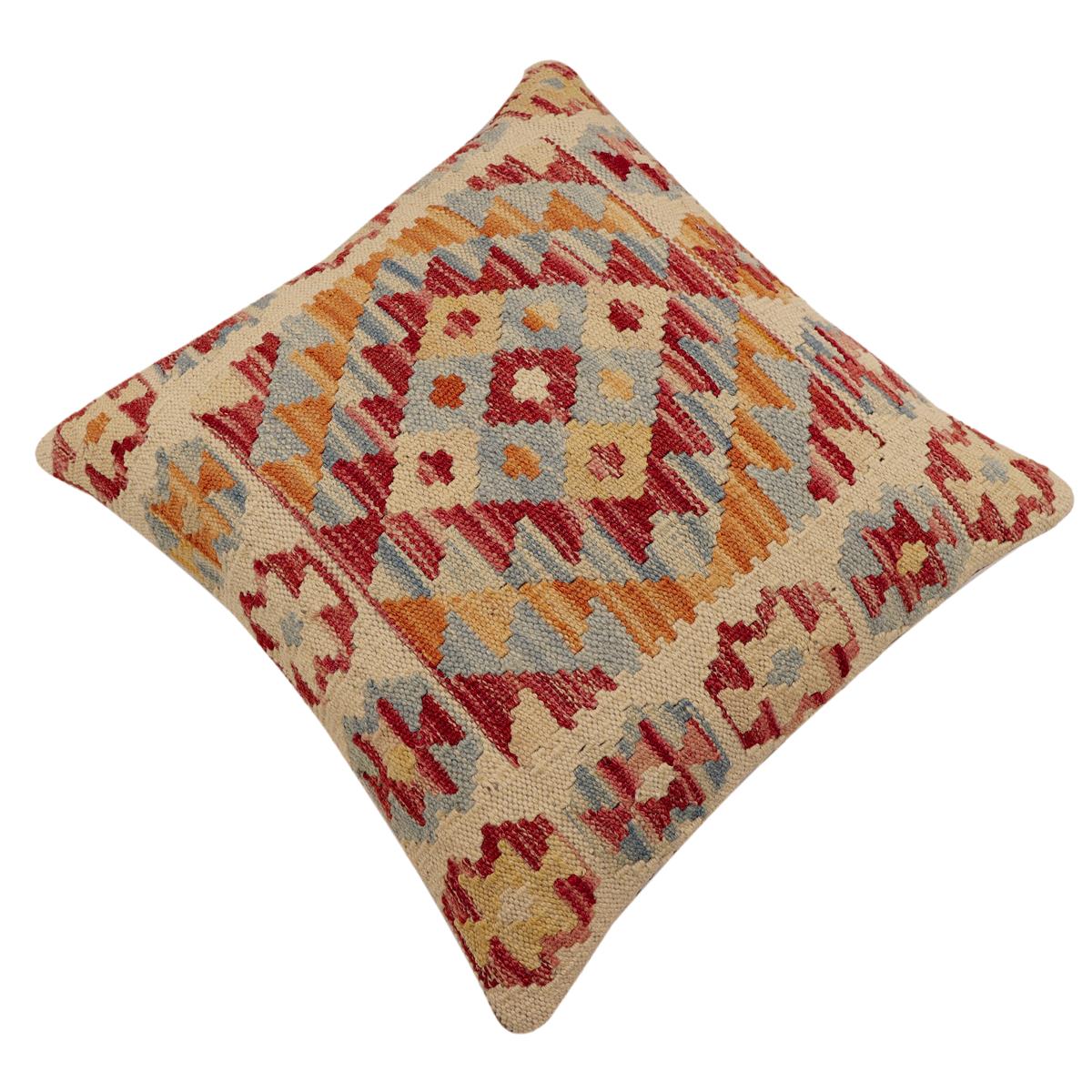 handmade Traditional Pillow Rust Blue Hand-Woven SQUARE 100% WOOL  Hand woven turkish pillow  2 x 2