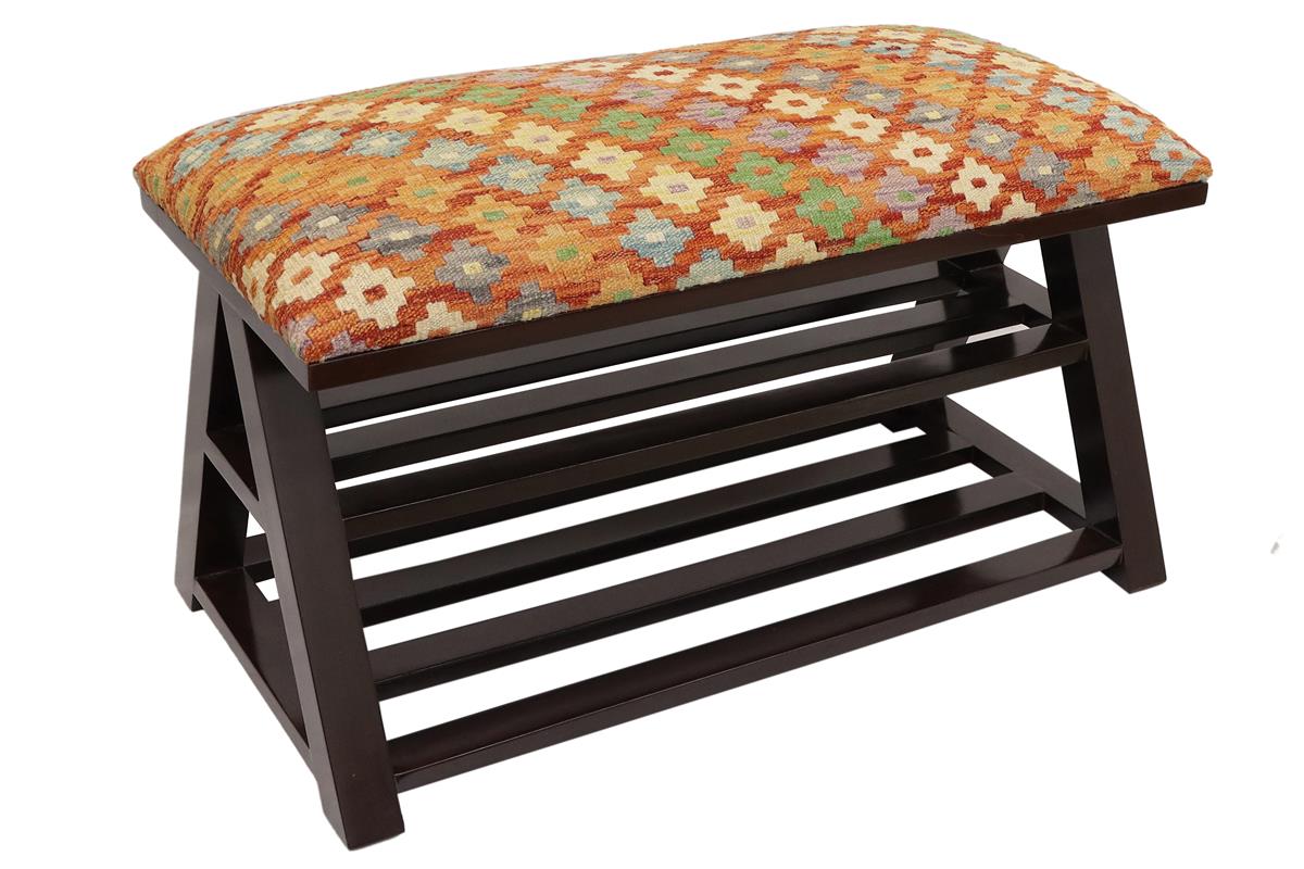 handmade Traditional Shoe Rack Rust Blue Hand-made RECTANGLE Vegetable dyed wool and wood  36'' x 17'' x 22''