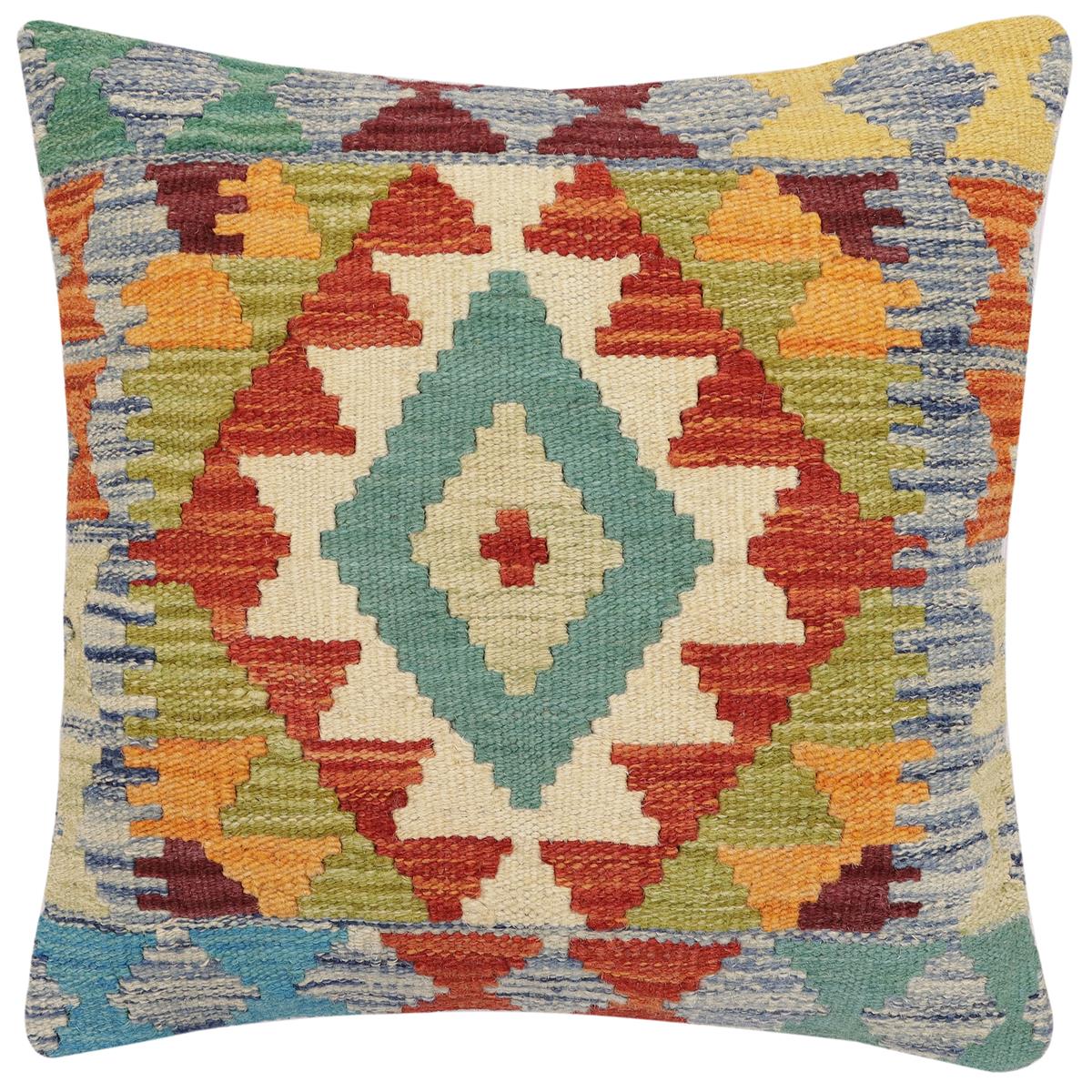 handmade Traditional Pillow Rust Blue Hand-Woven SQUARE 100% WOOL Hand woven turkish pillow2' x 2'