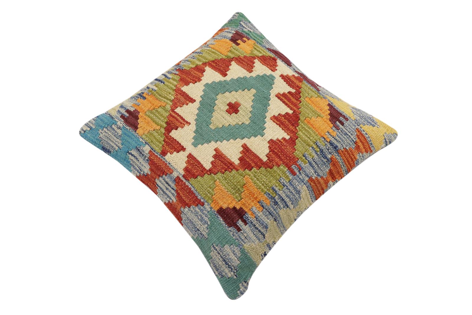 handmade Traditional Pillow Rust Blue Hand-Woven SQUARE 100% WOOL Hand woven turkish pillow2' x 2'
