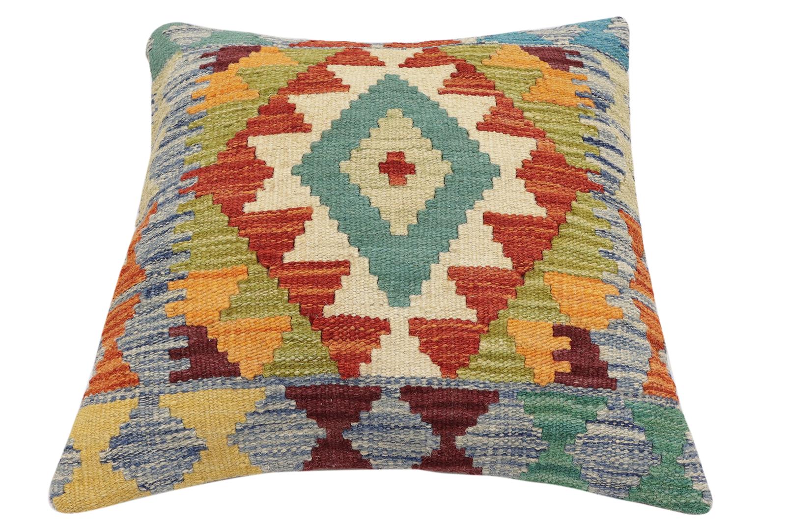 handmade Traditional Pillow Rust Blue Hand-Woven SQUARE 100% WOOL Hand woven turkish pillow2' x 2'