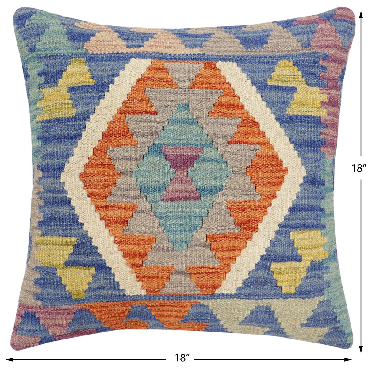 handmade Traditional Pillow Blue Rust Hand-Woven SQUARE 100% WOOL Hand woven turkish pillow2' x 2'