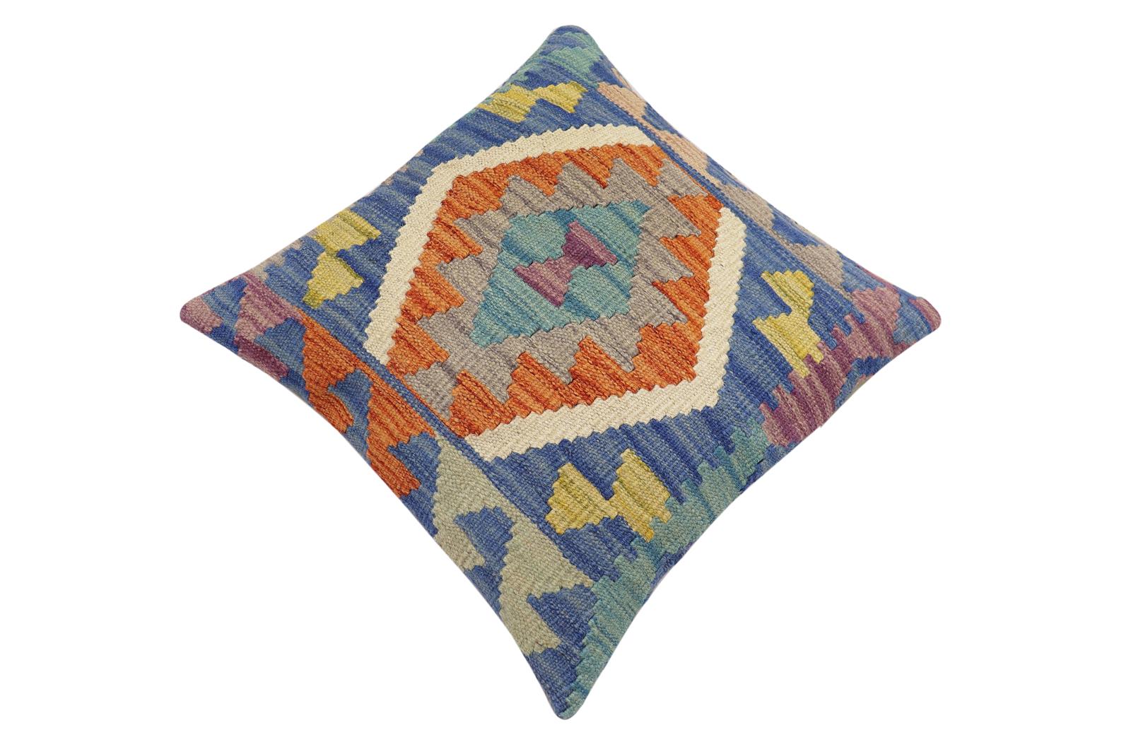 handmade Traditional Pillow Blue Rust Hand-Woven SQUARE 100% WOOL Hand woven turkish pillow2' x 2'