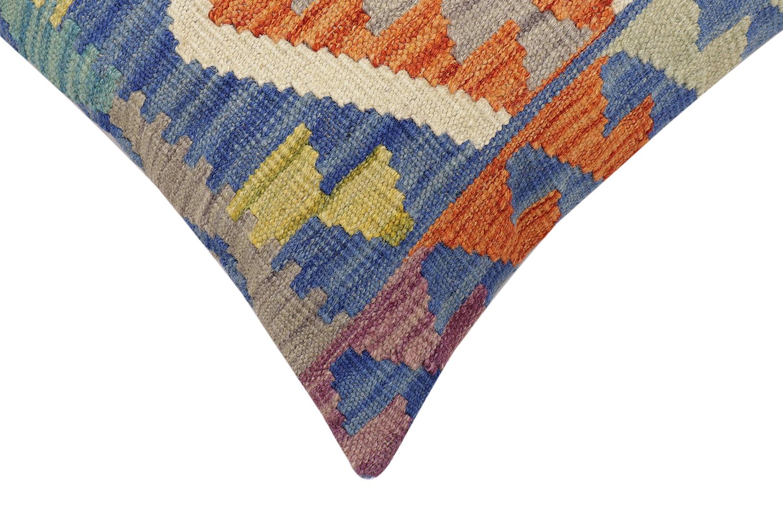 handmade Traditional Pillow Blue Rust Hand-Woven SQUARE 100% WOOL Hand woven turkish pillow2' x 2'