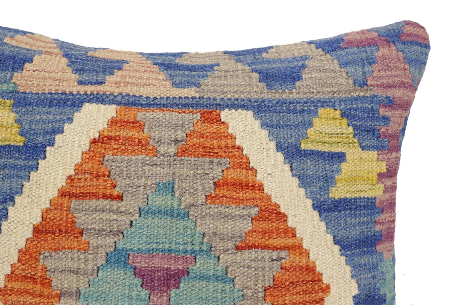 handmade Traditional Pillow Blue Rust Hand-Woven SQUARE 100% WOOL Hand woven turkish pillow2' x 2'