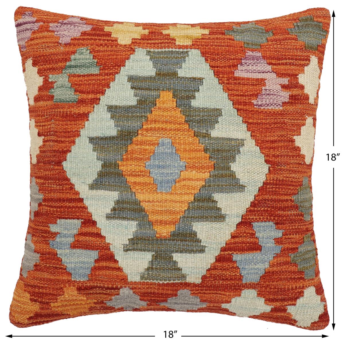 handmade Traditional Pillow Rust Blue Hand-Woven SQUARE 100% WOOL Hand woven turkish pillow2' x 2'
