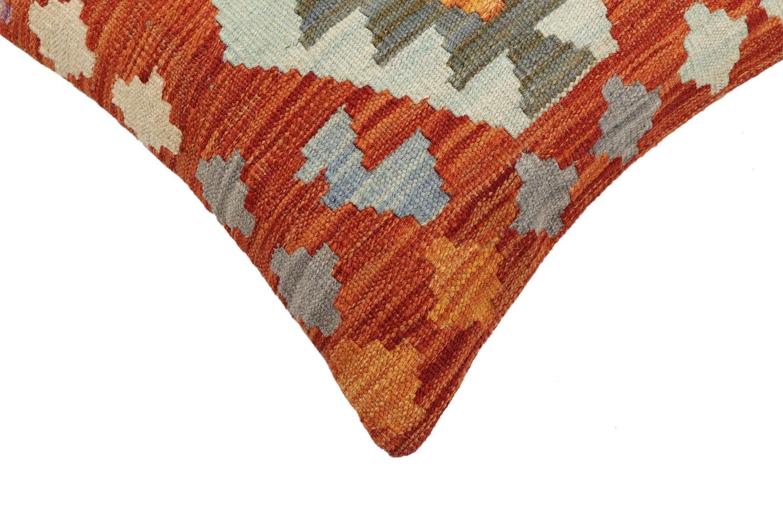 handmade Traditional Pillow Rust Blue Hand-Woven SQUARE 100% WOOL Hand woven turkish pillow2' x 2'
