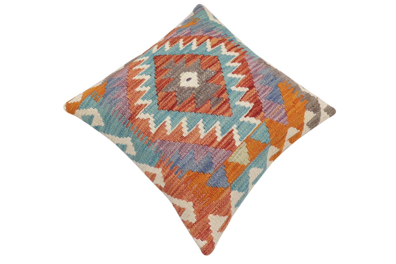 handmade Traditional Pillow Rust Blue Hand-Woven SQUARE 100% WOOL Hand woven turkish pillow2' x 2'