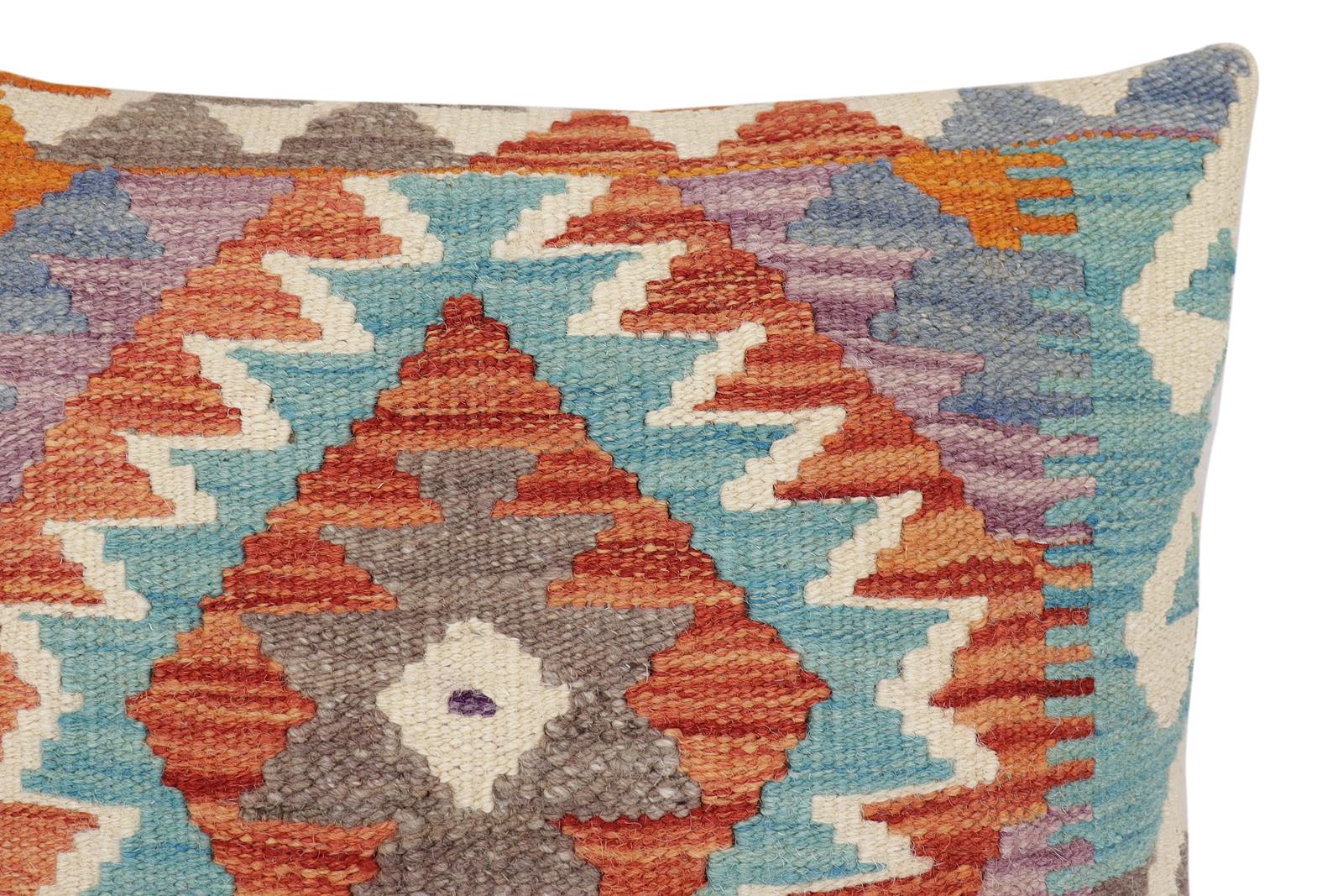 handmade Traditional Pillow Rust Blue Hand-Woven SQUARE 100% WOOL Hand woven turkish pillow2' x 2'