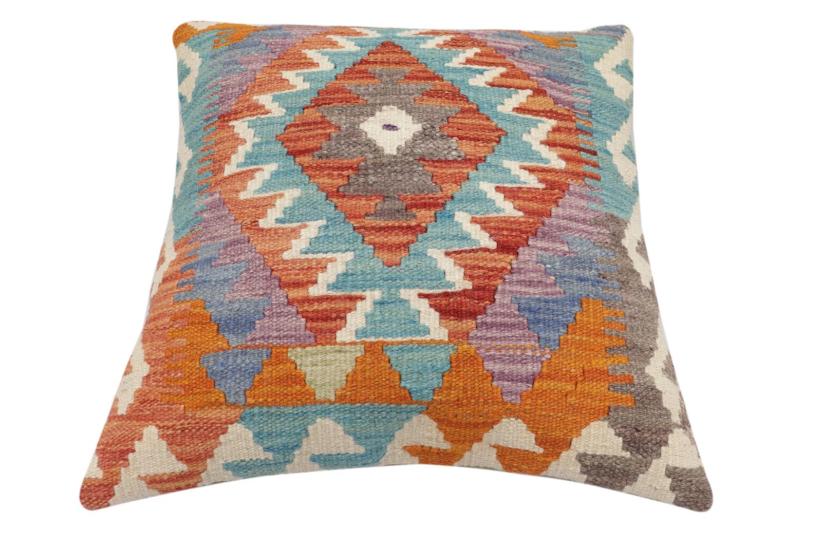 handmade Traditional Pillow Rust Blue Hand-Woven SQUARE 100% WOOL Hand woven turkish pillow2' x 2'