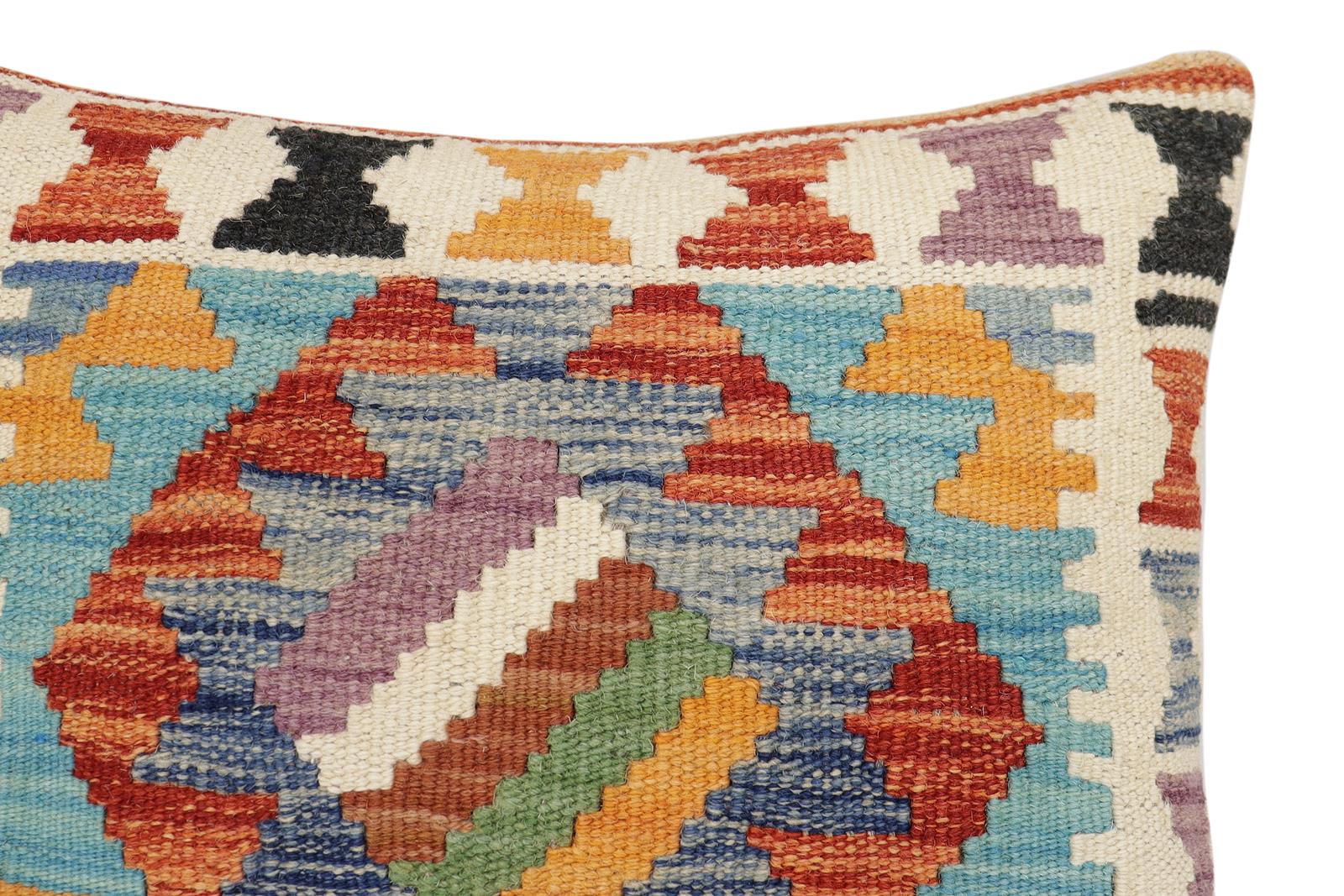 handmade Traditional Pillow Rust Blue Hand-Woven SQUARE 100% WOOL  Hand woven turkish pillow  3 x 5