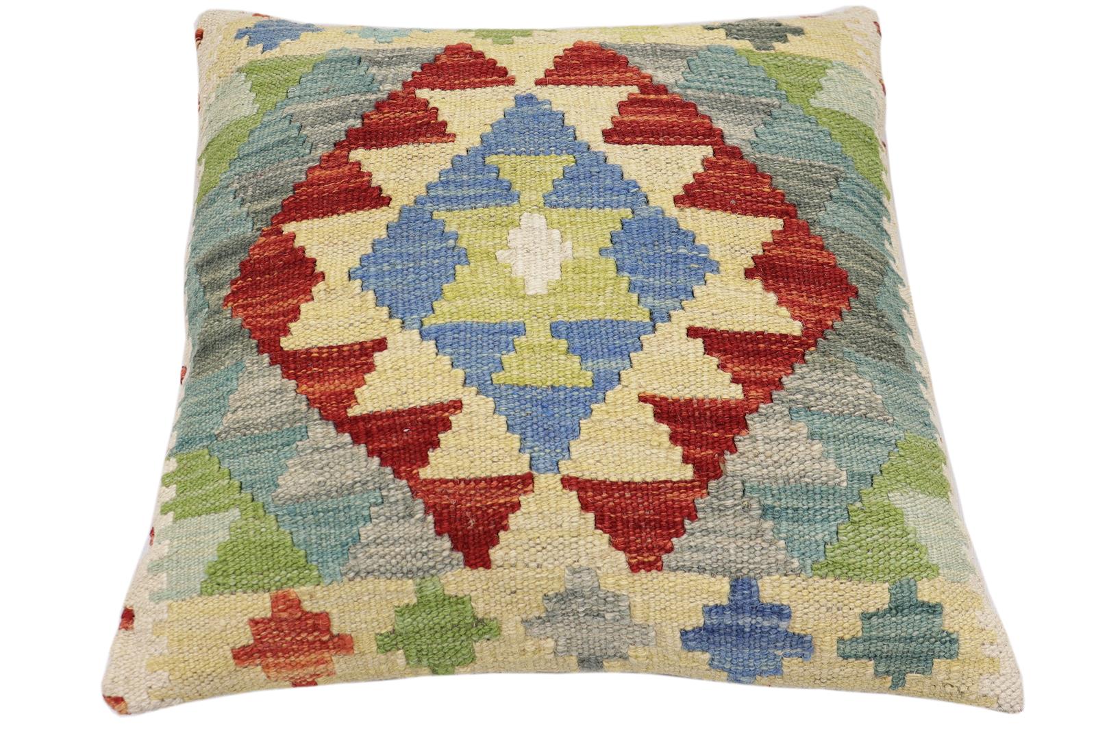 handmade Traditional Pillow Rust Blue Hand-Woven SQUARE 100% WOOL Hand woven turkish pillow2' x 2'
