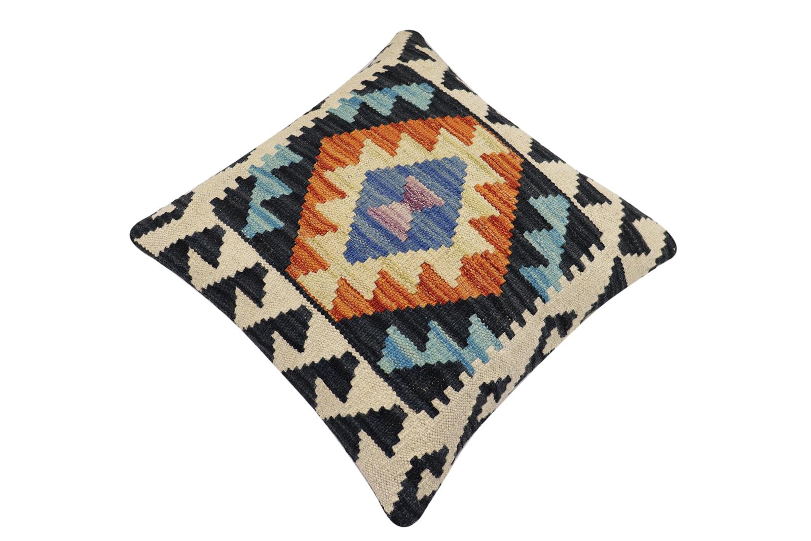 handmade Traditional Pillow Blue Rust Hand-Woven SQUARE 100% WOOL Hand woven turkish pillow2' x 2'