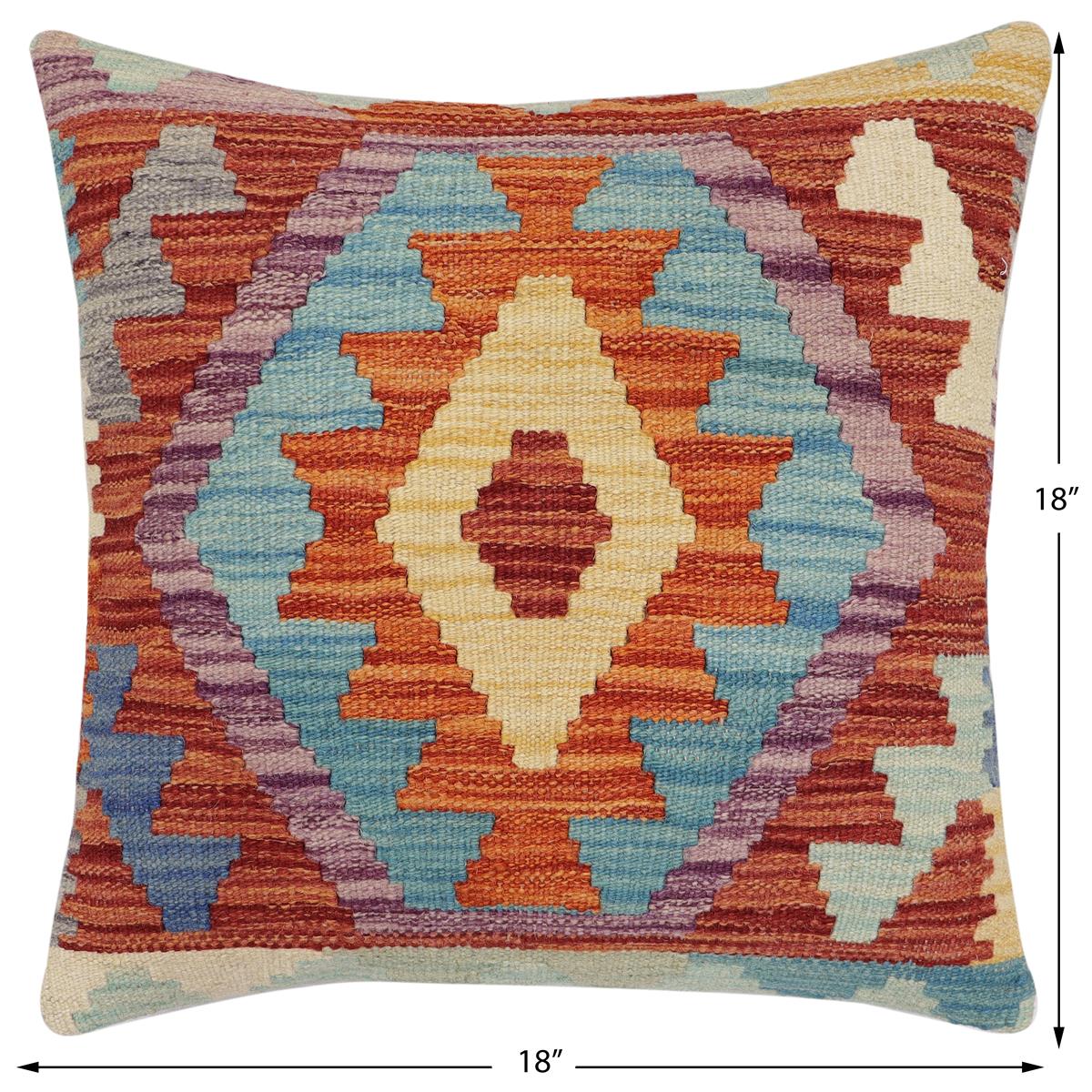 handmade Traditional Pillow Rust Blue Hand-Woven SQUARE 100% WOOL Hand woven turkish pillow2' x 2'