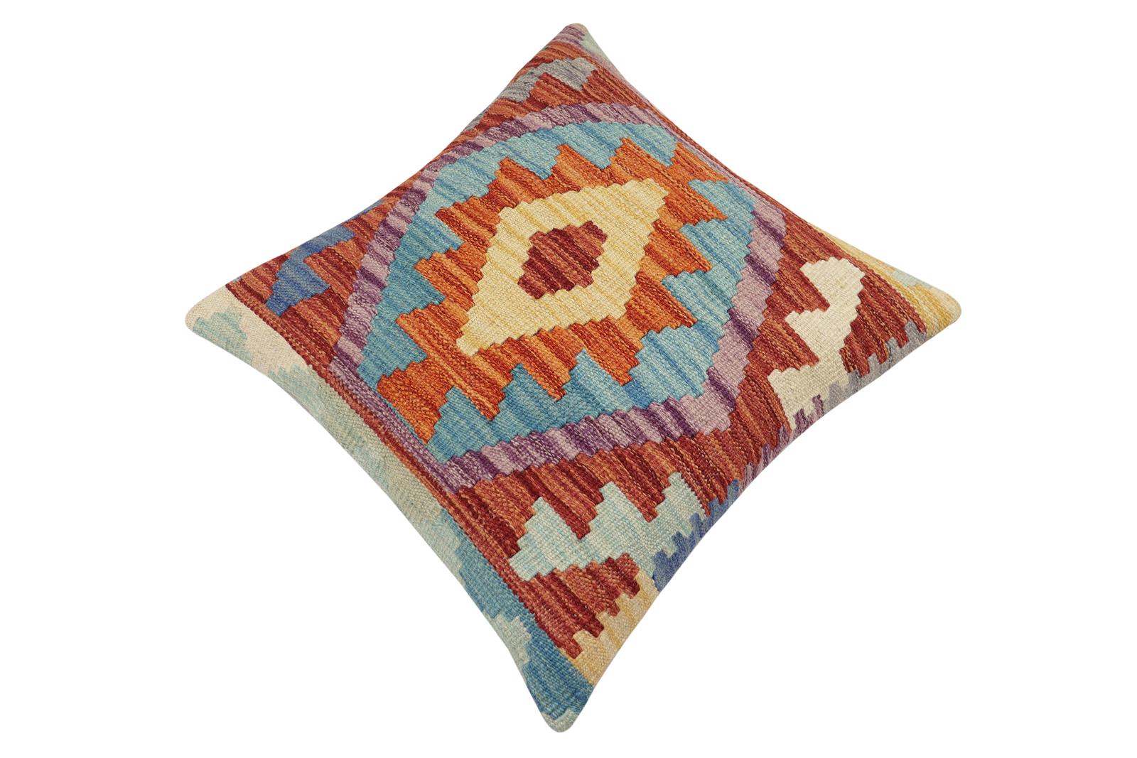 handmade Traditional Pillow Rust Blue Hand-Woven SQUARE 100% WOOL Hand woven turkish pillow2' x 2'