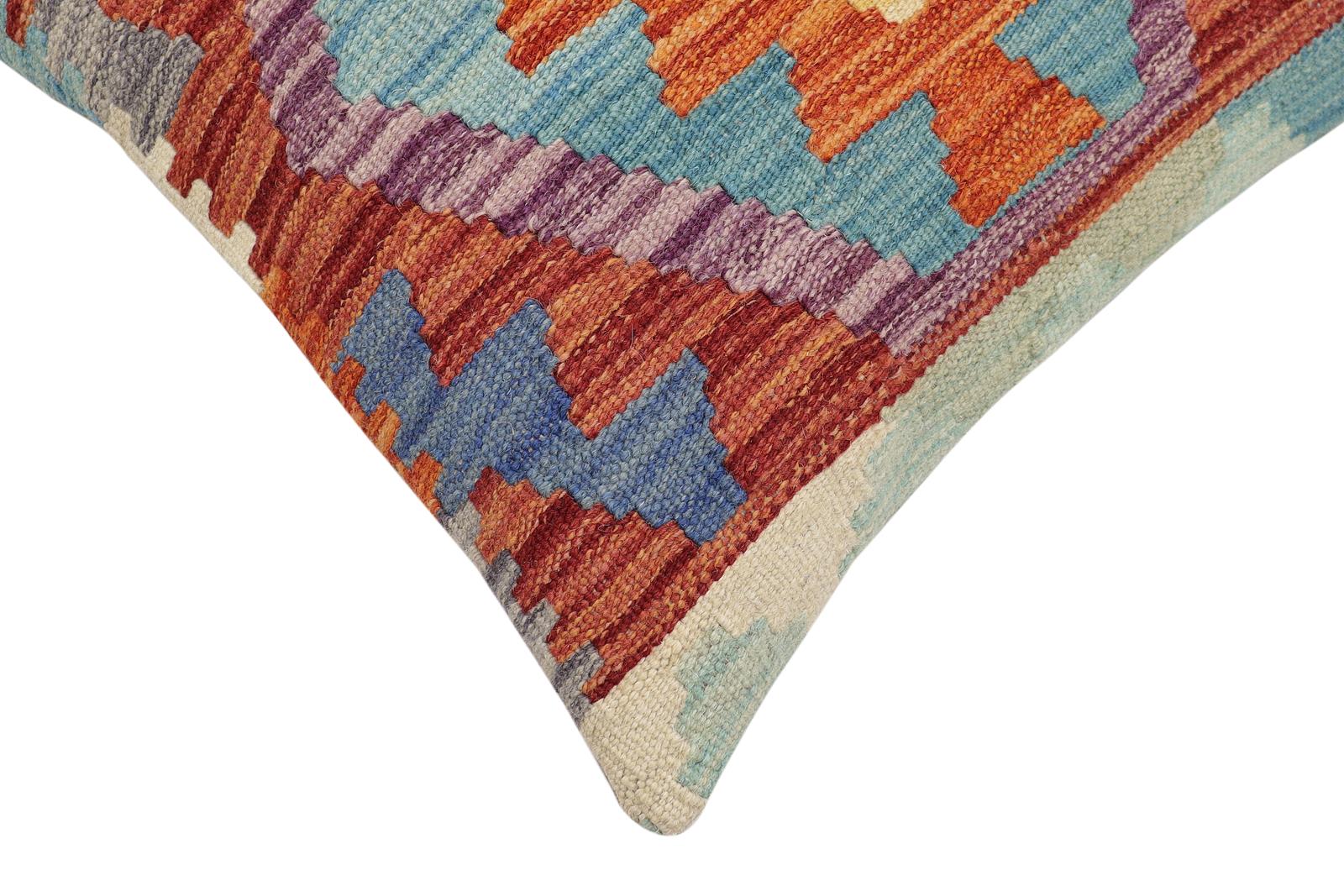 handmade Traditional Pillow Rust Blue Hand-Woven SQUARE 100% WOOL Hand woven turkish pillow2' x 2'